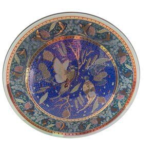 Vintage Houze Glass Pheasant Design Blue Gold Raised Pattern 11" Round MCM